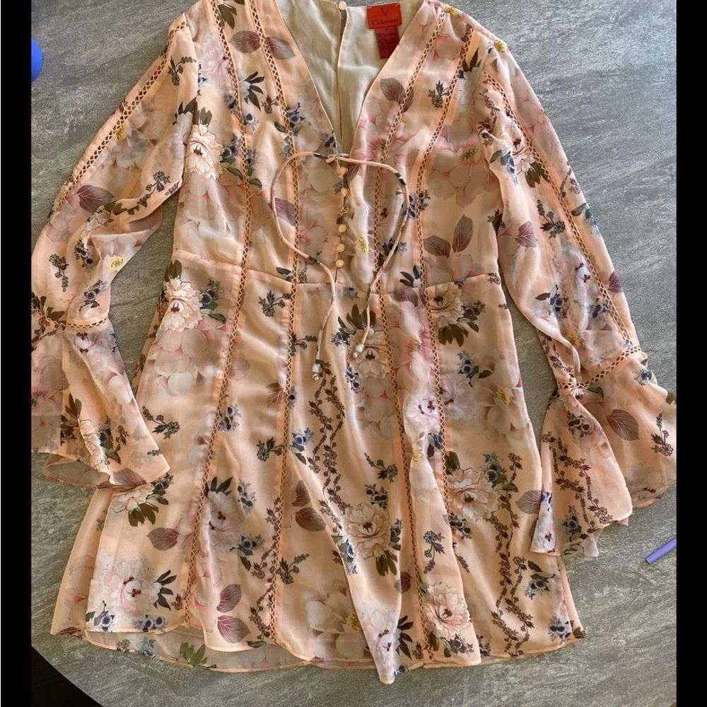 V. Cristina Romantic Floral Dress M Bell Sleeve Lace Inset Fairycore Coquette